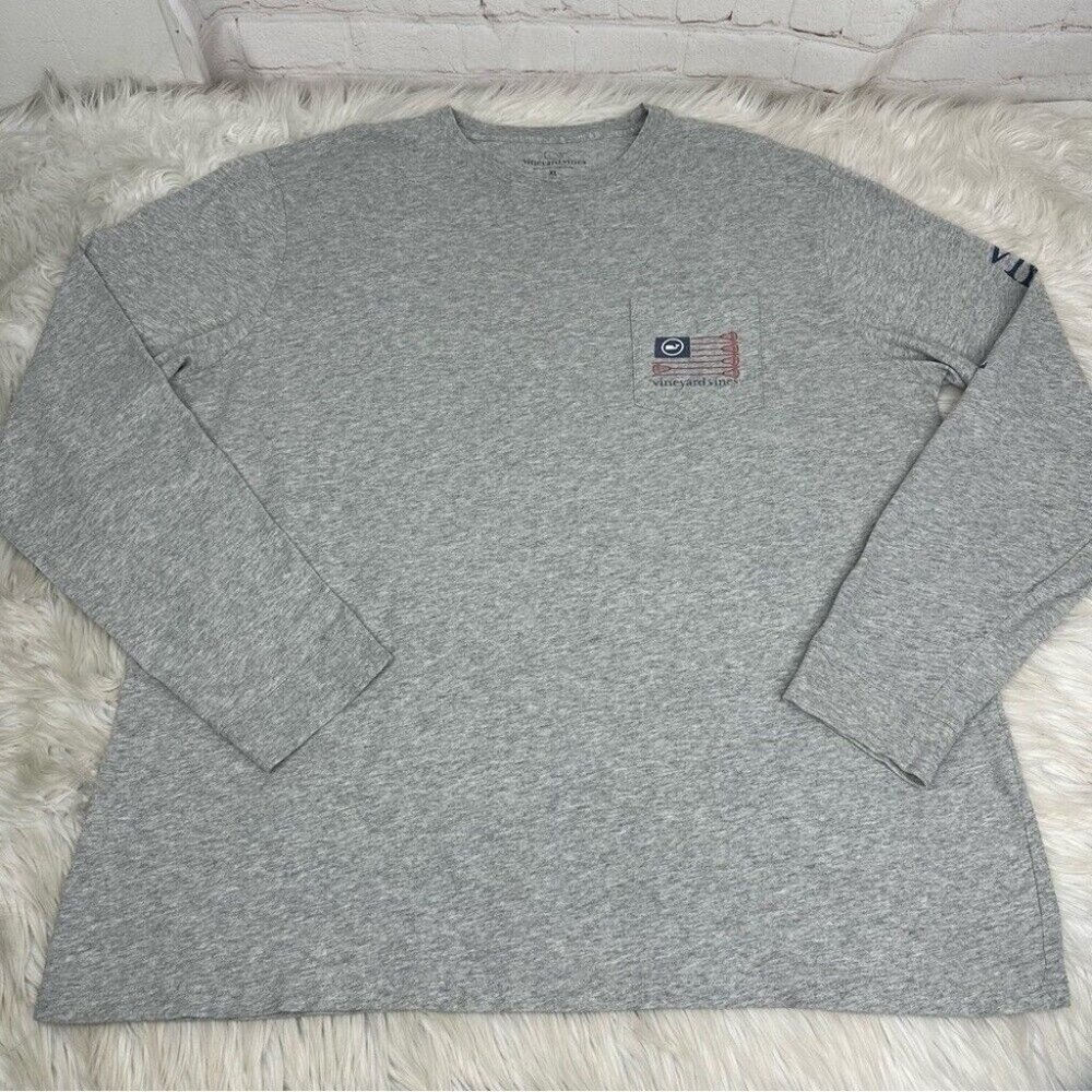 Vineyard Vines Mens‎ XL Gray Lacrosse American Flag Long Sleeve Pocket T-Shirt